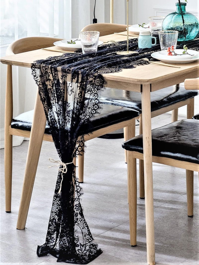 BOXAN 30x120 Inch Mysterious Black Lace Table Runner Boho Thanksgiving Lace Runner, Rustic Wedding Decorations, Lightweight Table Cover for Birthday Party Supplies Wedding Anniversary Party Decor - Image 1